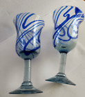 Vintage Mexican Hand Blown Glass Wine Goblets(2) Blue Swirl Pattern 12 ounce