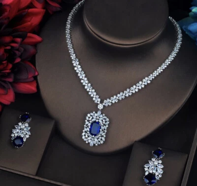 18k White Gold Plated Lab-Created Blue Sapphire Necklace Earrings Set Gorgeous - Image 1 of 4