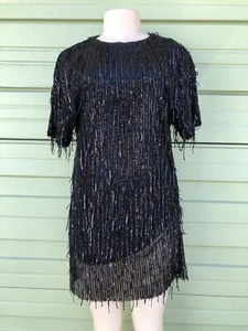 ZARA Black FRINGED SEQUIN SHORT DRESS ROUND NECK SHORT SLEEVE S 6419 - Picture 1 of 5