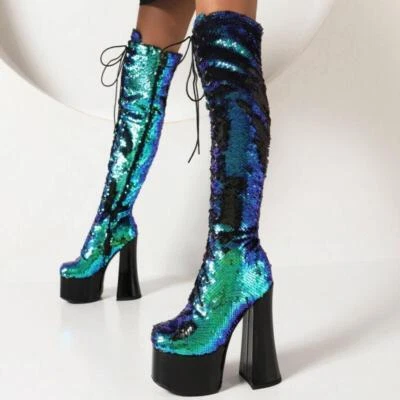 Botas de club por encima de la rodilla Occidente para mujer tacón alto plataforma lentejuelas zapatos con cremallera Foto 1 de 4