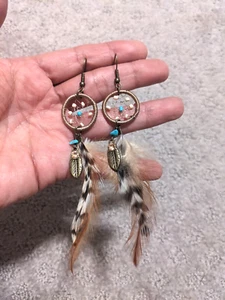 Feathers Brown Dream Catcher Dangle Boho Drop Bronze Hook Ethnic Earrings B1 - Picture 1 of 3