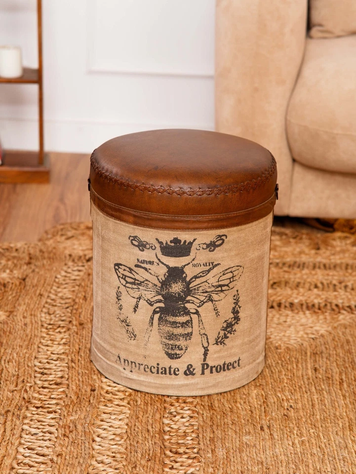 Puf redondo de hierro macizo y cuero hecho a mano ecológico 16,5 x 16,5 x 21,5 pulgadas Foto 1 de 1