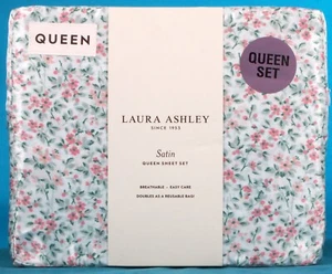 Laura Ashley 4 Piece Satin Queen Sheet Set Floral Cottage Tierney Pink & Green - Picture 1 of 4