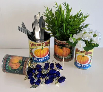 Lata de calabaza de Halloween vintage lata accesorios truco o trato dulce soporte decoración t Foto 1 de 4