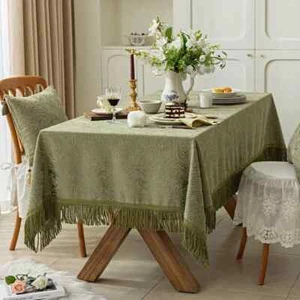 Luxury Green Textured Table Cloth Party with Tassels Dining Coffee Table Cover - Picture 1 of 22