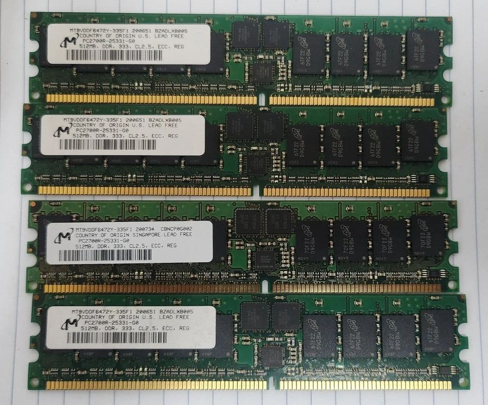 4x MICRON MT9VDDF6472Y-335F1 512MB DDR-333 ECC REG PC2700R Memory Modules - Image 1 of 2