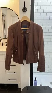 Cole Haan Genuine Lambskin Zip Front Leather Moto Jacket Brown Size Small - Picture 1 of 17