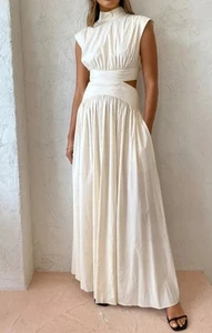 Commense White Cut Out Mock Neck Sleeveless Evening Pleated Maxi Dress Sz Small - Picture 1 of 12