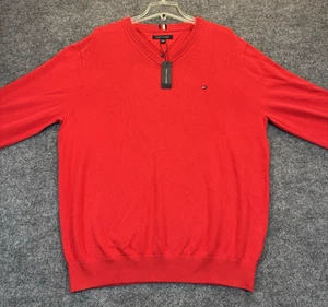 NWT Tommy Hilfiger Men's Sweater Size XL Red Long-Sleeved Pullover V-Neck Logo - Picture 1 of 9