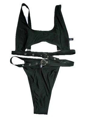 Monokini Forplay Negro Recortado con Correas Ajustables Acentos Dorados Grande Foto 1 de 4