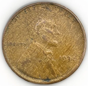 1934-P Lincoln Wheat Cent Penny . Woody Improper Alloy Mix Wood Grain Error Coin - Picture 1 of 2