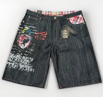 全新带标签复古皇家军队牛仔短裤 44x15 补丁 Goth Skater 嘻哈 Y2K 宽松 — 第 1/4 张图片