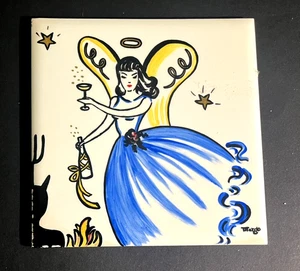AZULEJO CERÁMICO CON RUEDAS: ÁNGEL CON CHAMPÁN - DIABLO ASOMÁNDOSE A LA ESQUINA - Imagen 1 de 3
