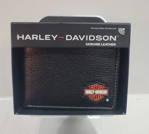Harley Davidson Bar Shield Logo Genuine Leather RFID Bifold Wallet Black NEW  - Picture 1 of 2