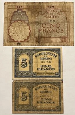1941 1943 1944 5 Francs WWII Morocco 3 Banknotes - Image 1 of 2