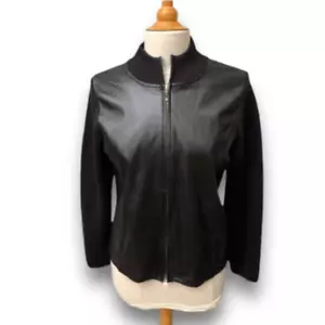 Vintage Pendleton Zip Up Black Genuine Leather Ribbed Merino Wool Knit Jacket M - Picture 1 of 13