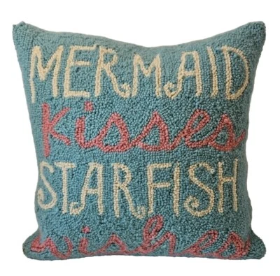 PEKING HANDICRAFT~“MERMAID KISSES” Hand Hooked Wool Throw Pillow Beach Decor 15" - Image 1 of 4