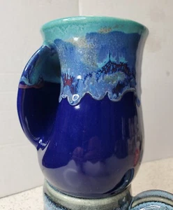 Neher Pottery 14 fl oz Right Handed Hand Warmer Blue Green Mug - Signed 2006 - Picture 1 of 5