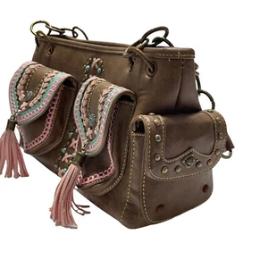 Montana West Western Handbag Rodeo Cowgirl Pockets Brown Pink Tassels - Picture 1 of 12