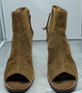 Tom's Peep Toe Brown Suede Ankle Boots With Block Heel US 12 UK 10 EU 43.5 CM 29
