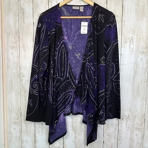 Chicos 2 Open Waterfall Knit Cardigan Purple USA Made Paisley Womens US L/12 NEW - Picture 1 of 12
