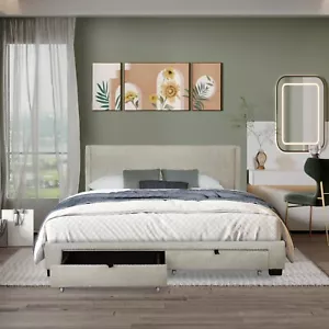 Corduroy Velvet Queen Bed with Storage, No Box Spring Needed - Beige - Picture 1 of 11