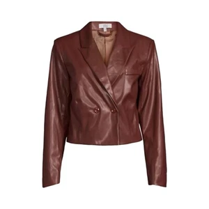 NWT Area Stars Brown Faux Leather Double-Breasted Cropped Blazer Jacket - Picture 1 of 12