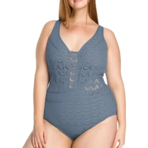 BECCA Etc Color Play Deep Neck One Piece Swimsuit Steel Blue 2X 20-22 NWT - Picture 1 of 2