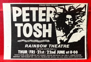 Peter Tosh Rainbow London Gig Vintage ORIG 1979 Press/Magazine ADVERT 4"x 2.5" - Imagen 1 de 3