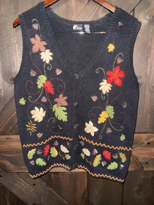 Holiday Editions Women’s M Black Brown Green Leaf Harvest Fall Knit Button Vest - Foto 1 di 5