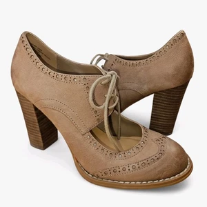 Crown Vintage Leather Heels 7.5 Tan Lace Up Wingtip Oxford Chunky Stacked Pump  - Picture 1 of 11