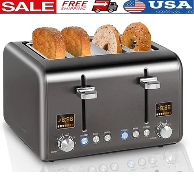 1800W 4 Slice Toaster LCD Timer 7 Shade Settings Bagel Defrost Reheat Functions - Image 1 of 4