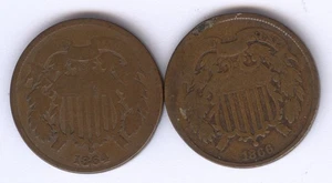 Lot of TWO (2) - Two Cent Copper Coins + 1864 & 1866 + No Reserve! - Picture 1 of 2