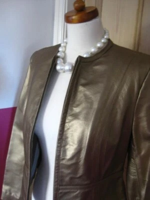 CHAQUETA ABRIGO M&S cuero dorado metálico 14 Slim Fit bolero recortado fiesta real Foto 1 de 4