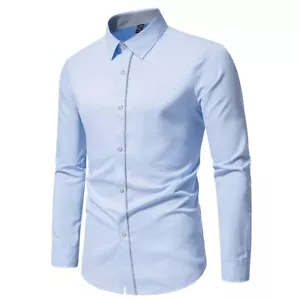 Autumn Men's Long Sleeve Solid Color Lapel Button Up Shirt Casual Top Blouse - Picture 1 of 40