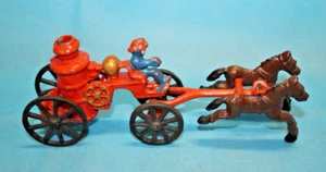 Vintage Cast Iron HORSE Drawn Steam Pumper FIRE TRUCK Wagon & Firefighter Figure - Picture 1 of 5