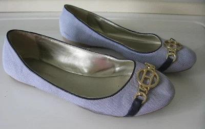 Sapatilhas de balé Tommy Hilfiger femininas barista tamanho 8,5 M listradas azuis brancas - Imagem 1 de 4