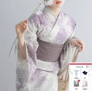 Yukata Sommer Kimono getrennter Typ 4-teiliges Set lila Chrysantheme Japan - Bild 1 von 7