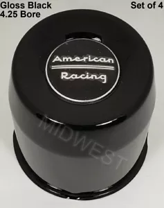 4 New Gloss Black 1425002GB American Racing 4.25 Bore Push Thru Center Caps - Picture 1 of 6
