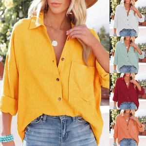 Ladies Summer Stand Collar Loose Button Up Shirts Women Long Sleeve Casual Tops - Picture 1 of 47