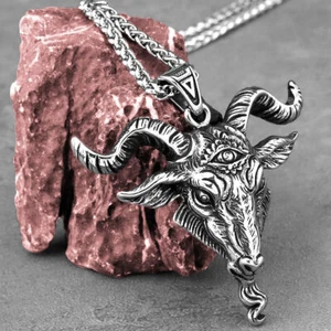 Men's Hip-hop Retro Stainless Steel Satan Ram Pendant Necklace with Demon Eye - Picture 1 of 8