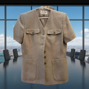 Vintage Le Suit Petites Womens Blazer Beige Short Sleeve Pockets sz 6P - Picture 1 of 6