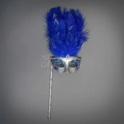 Handheld Stick Venetian Masquerade Mask for Women Silver Royal Blue M6150  - Image 1 of 4