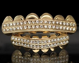 Custom Fit Top Bottom Cz Teeth Gold Plated Grillz w/Molds Grill Hip Hop Fashion - Picture 1 of 6