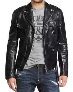 Men Genuine Lambskin Leather Motorbike Biker Classic Style Slim Fit Black Jacket - Picture 1 of 3
