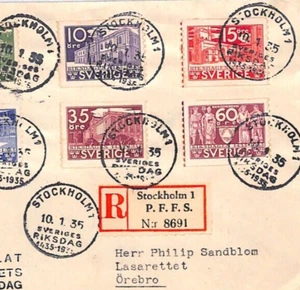 SWEDEN 1935 FDC Stockholm BUILDINGS Set{6} Registered First Day Cover YT195 - Picture 1 of 14