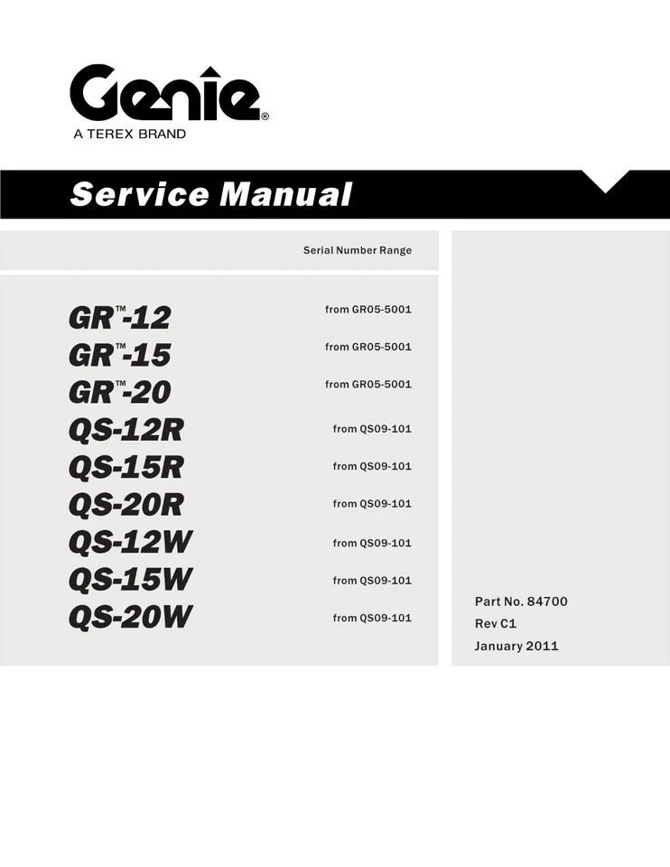 GENIE RUNABOUT GR12 GR15 GR20 QS12R QS15R QS20R QS12W QS15W QS20W сервисное руководство - Изображение 1 из 1