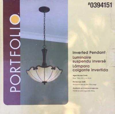 PORTFOLIO 3-LIGHT INVERTED BEIGE TIFFANY-STYLE 吊坠-#34625-AGED BRONZE FINISH — 第 1/2 张图片