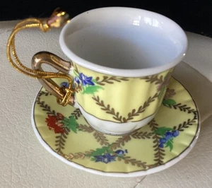 Small Tea Cup & Saucer Christmas Tree Ornament Yellow & Gold Floral Design - Picture 1 of 7