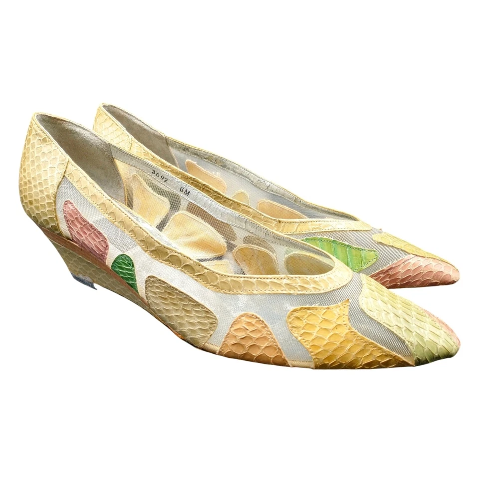 Vintage 80s JRenee Low Wedge Snakeskin Heel Pump Yellow Pink Green Sheer Retro 6 - Image 1 of 4
